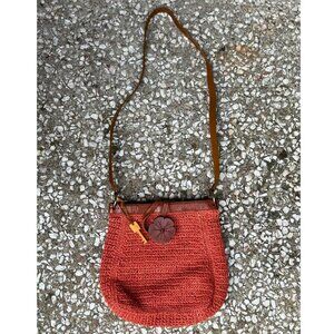 Fossil Woven Crochet Crossbody Bag Orange Leather Strap Boho